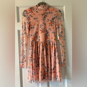 Peach Floral Long Sleeve Fit-and-Flare Dress
